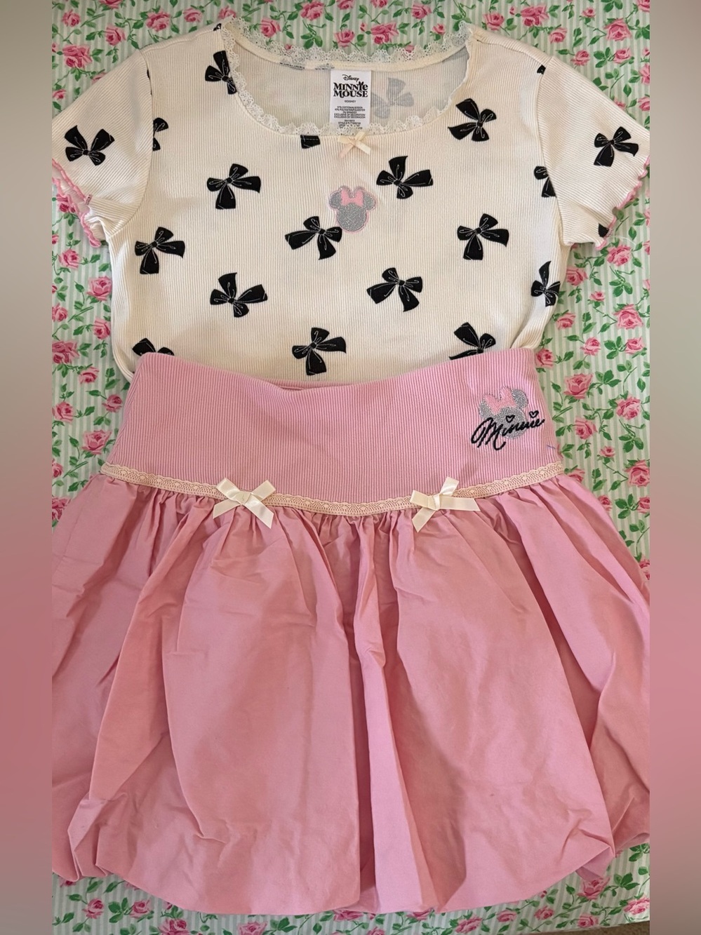 Disney Cream Tee with Black Bows & Pink Skirt Set